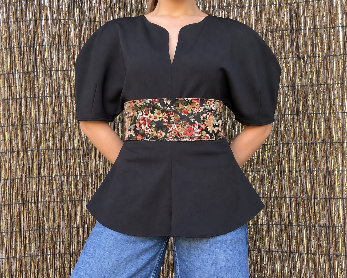 Fajín Jacquard Reversible Flores - Negro y Rojo