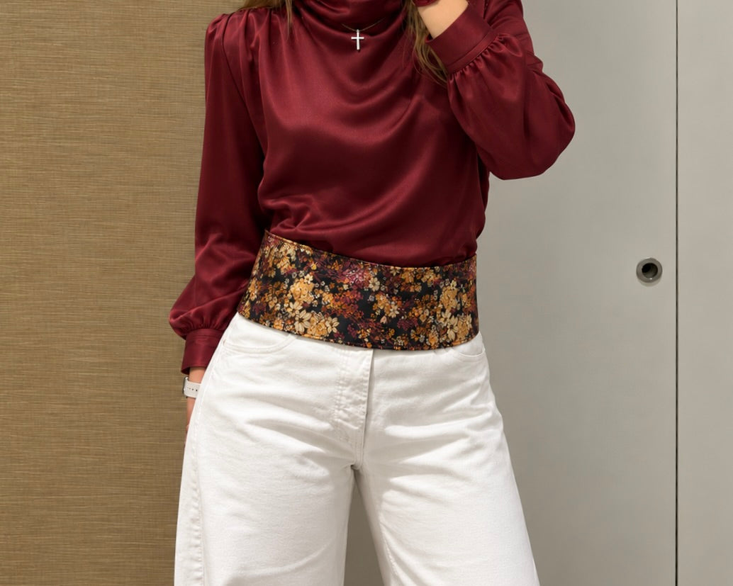 Fajín Reversible Floral  - Negro y Granate